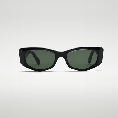 Mireye Mundaka sunglasses in black with green lenses, front view.