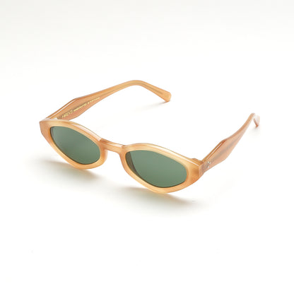 Mireye Wicklow sunglasses in honey green, perspective view.
