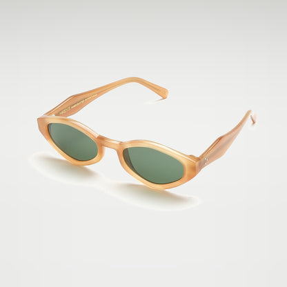 Mireye Wicklow sunglasses in honey green, perspective view.
