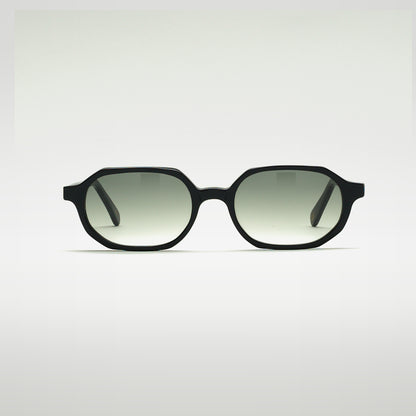 Mireye Zicattela sunglasses in black with gradient green lenses, front view.