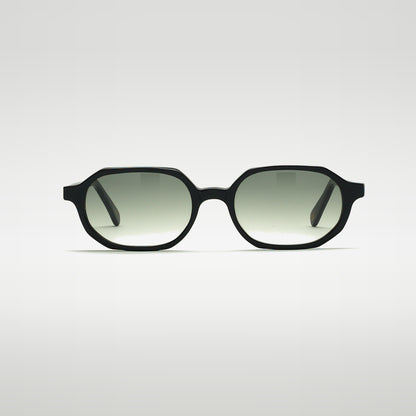 Mireye Zicattela sunglasses in black with gradient green lenses, front view.