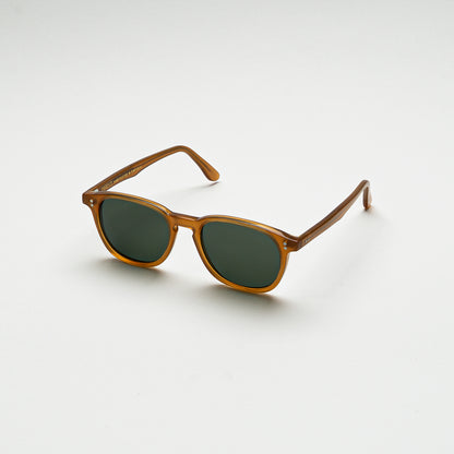 Mireye Water sunglasses in honey acetate with green Zeiss lenses, angled view.